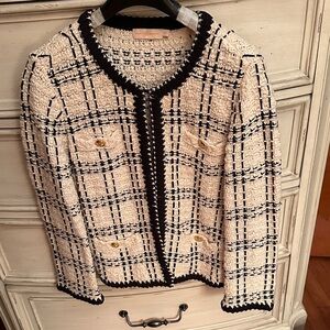 Tory Burch Kendra tweed linen-blend jacket in cream and black